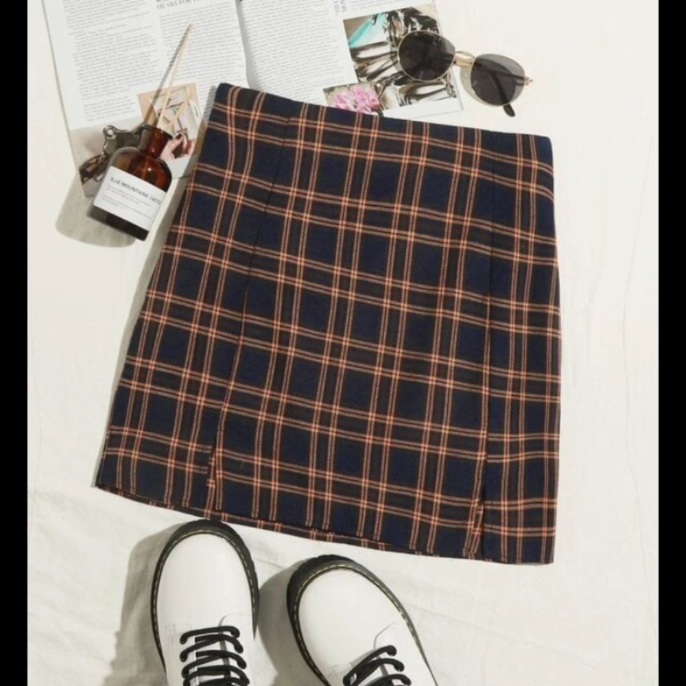 plaid split hem tartan skirt